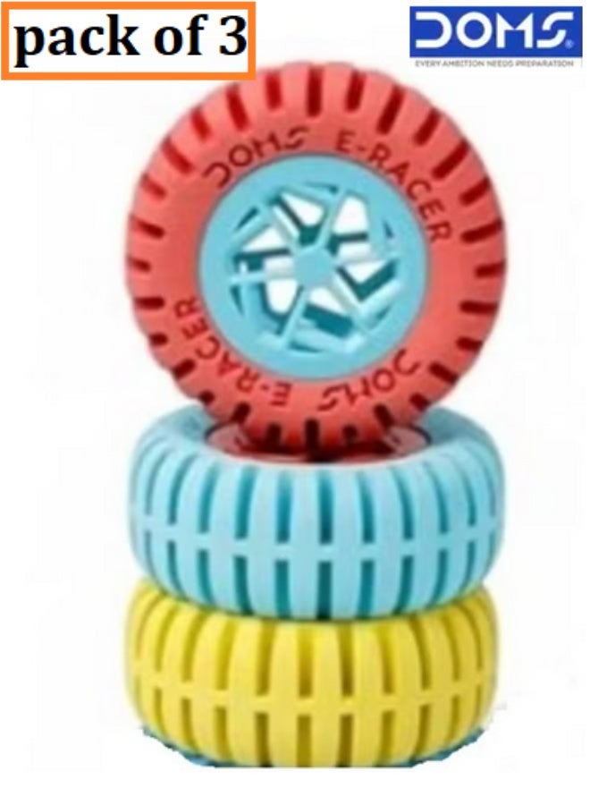 DOMS E-Racer Stylish Fun Tyre Shaped Erasers for kids and students, 1.5 inch Rubber, Pack of 3 pcs - Multicolor - Image 1